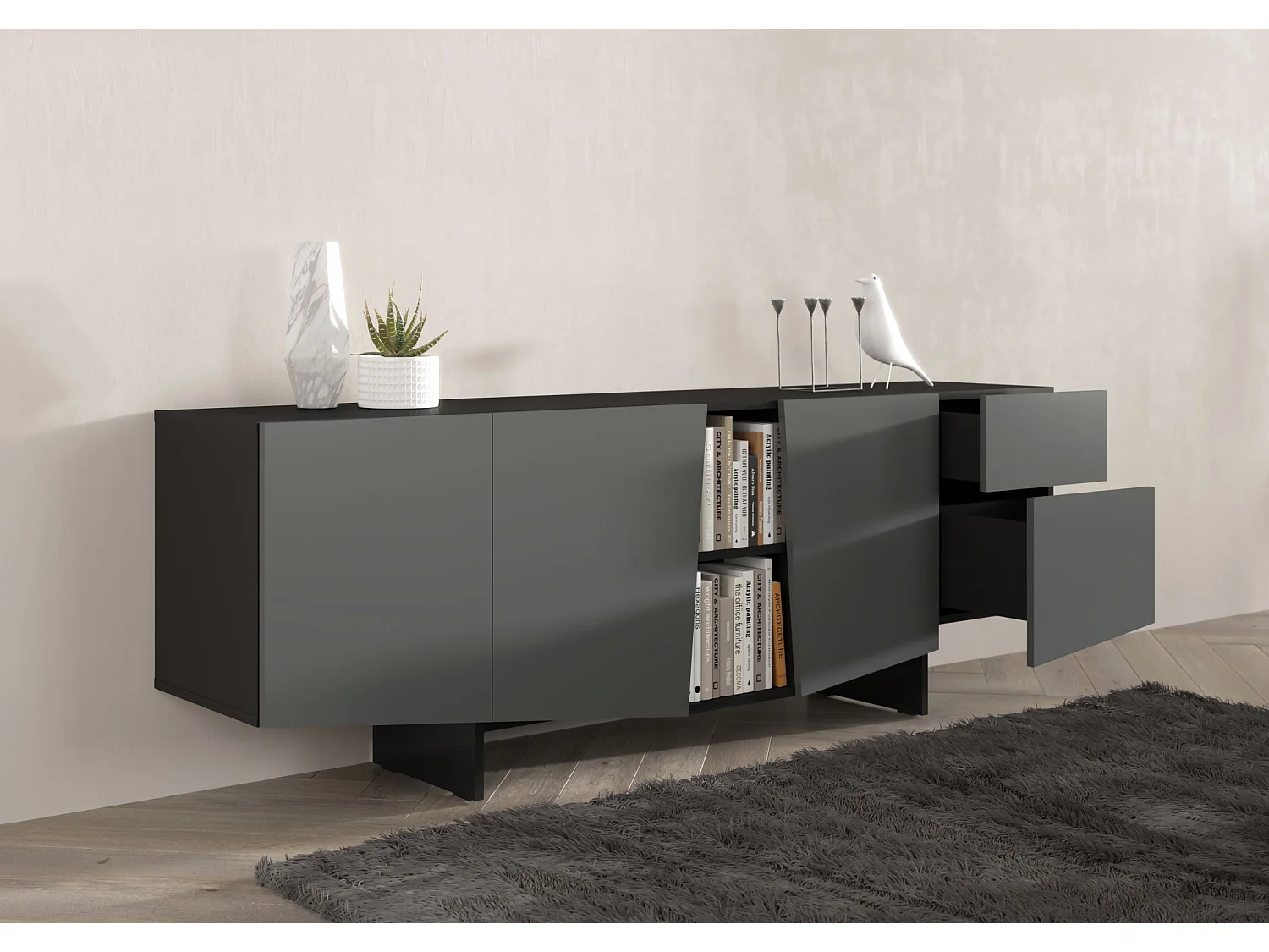 Sideboard Wing, asymmetrische fronten, 200 cm, schwarz und grau