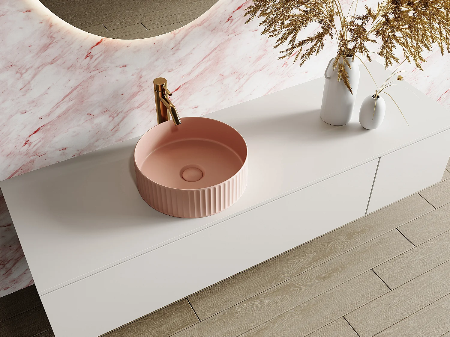 Vasque à poser en céramique striée ronde - Rose mat - 36 cm - PEDARA