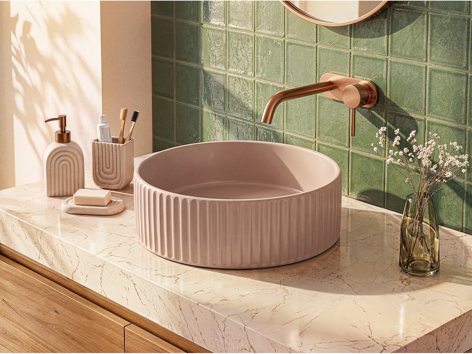 Aufsatzwaschbecken rund - Rosa matt - Keramik - geriffelt - 36 cm - PEDARA
