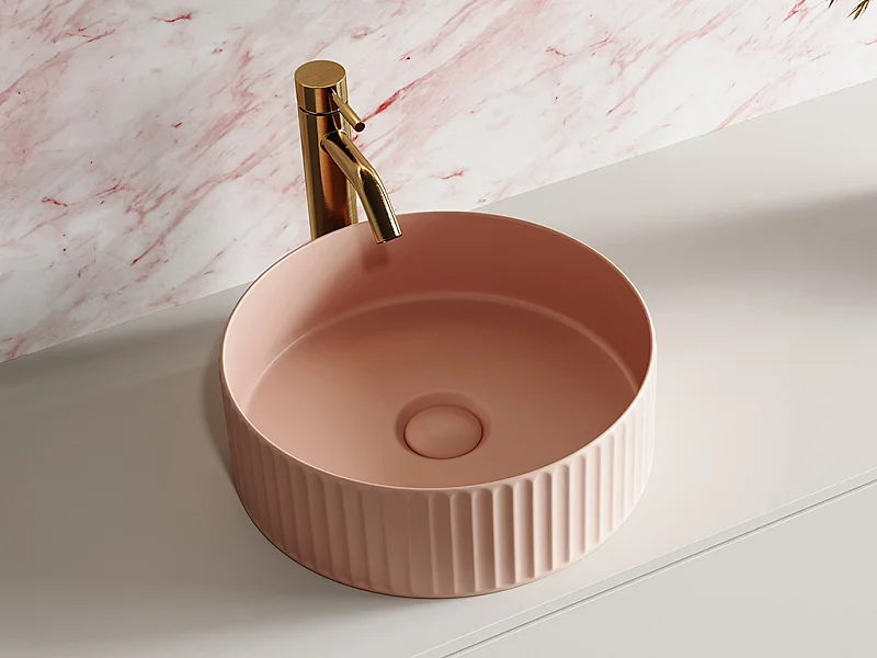 Aufsatzwaschbecken rund - Rosa matt - Keramik - geriffelt - 36 cm - PEDARA