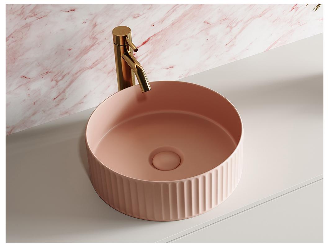 Vasque à poser en céramique striée ronde - Rose mat - 36 cm - PEDARA