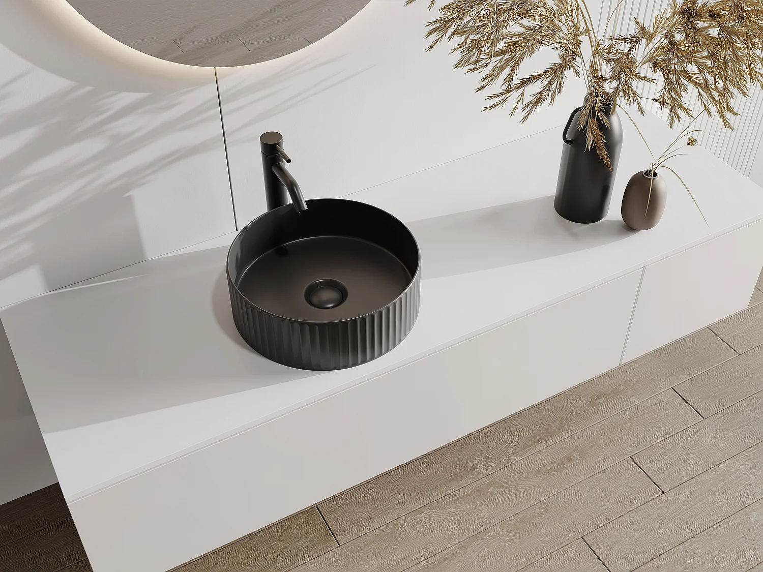 Umywalka nablatowa okrągła z ryflowanej ceramiki - Czarny mat - 36 cm - PEDARA