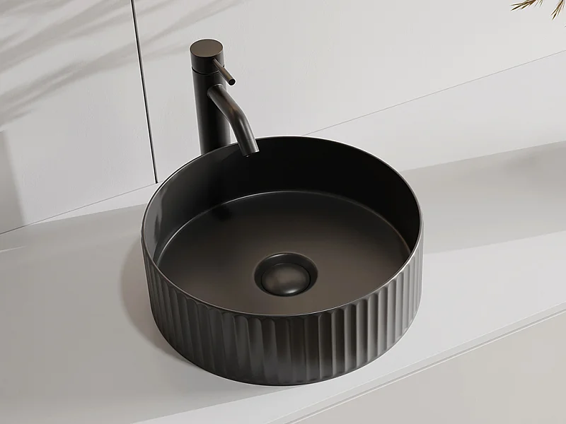 Ronde gestreepte opbouwwastafel van keramiek - Mat zwart - 36 cm - PEDARA