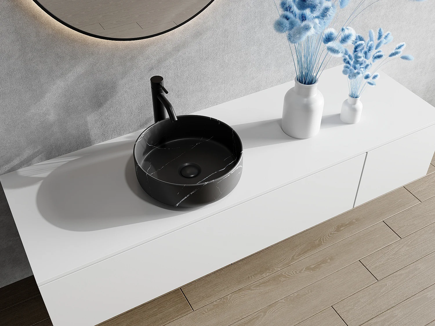 Rund sort marmor-effekt servant i keramikk - 36 cm - VIAMARBA