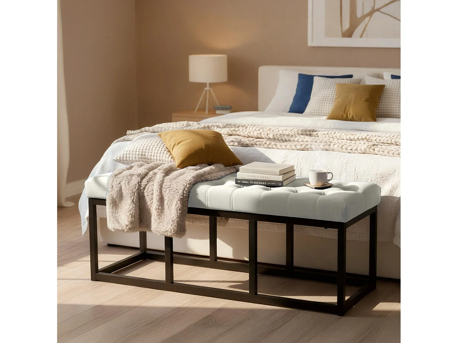 Banquette - Velours & Métal noir mat - Crème - Polson