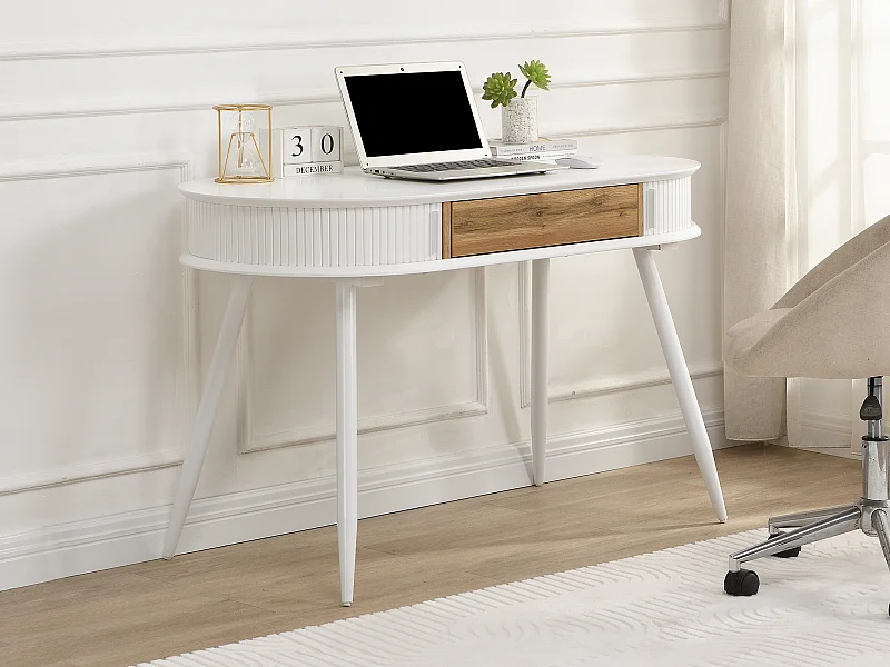 Secretária com 1 gaveta e 2 portas de correr branco e natural - VELURANI