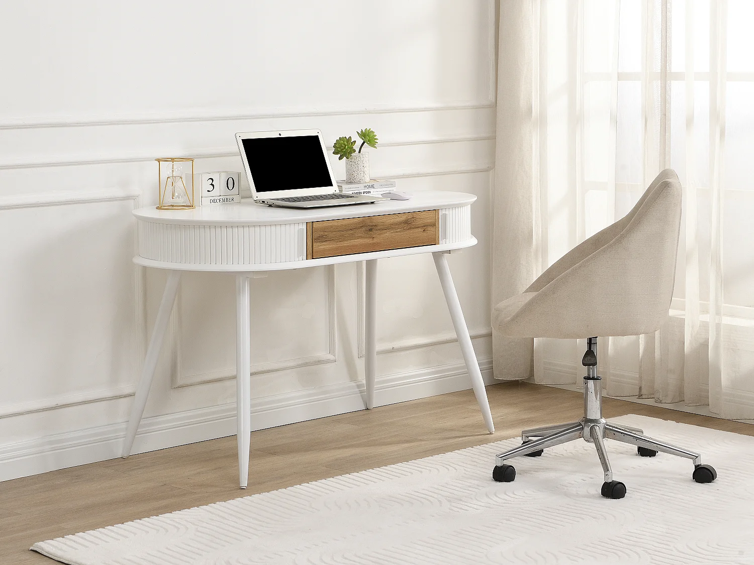 Bureau avec 1 tiroir et 2 portes coulissantes - Coloris : Blanc et naturel - VELURANI