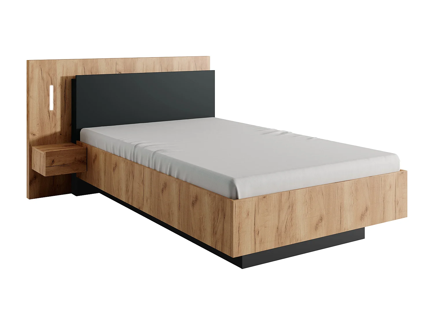Bett mit Nachttisch - 120 x 200 cm - 1 Schublade - Mit LED-Beleuchtung - Holzfarben & Anthrazit - FRANCOLI