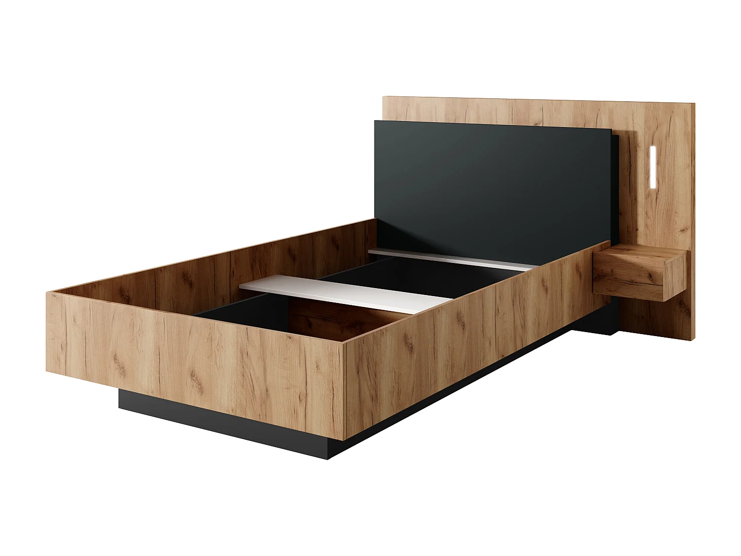 Bett mit Nachttisch - 120 x 200 cm - 1 Schublade - Mit LED-Beleuchtung - Holzfarben & Anthrazit - FRANCOLI