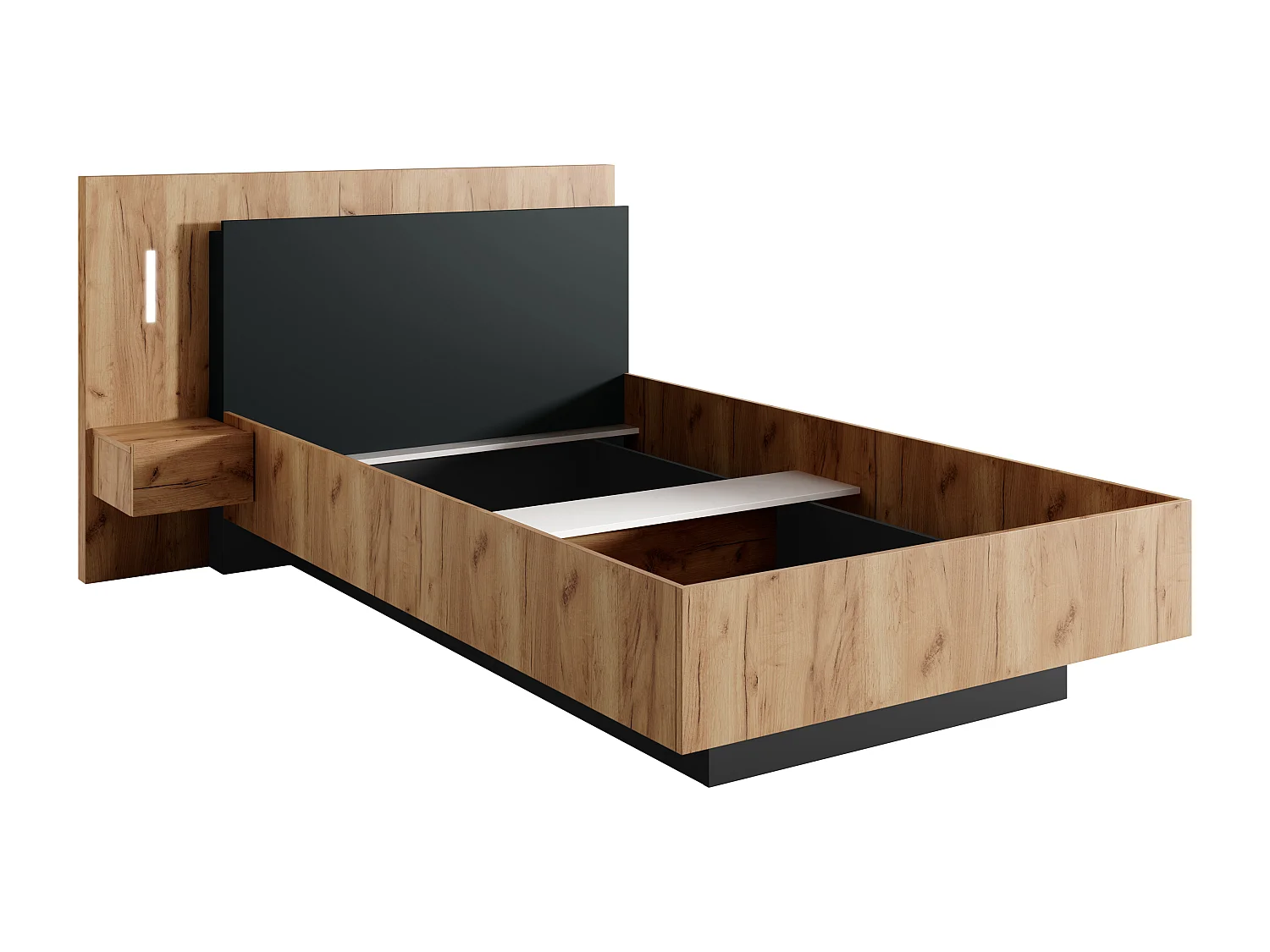 Bett mit Nachttisch - 120 x 200 cm - 1 Schublade - Mit LED-Beleuchtung - Holzfarben & Anthrazit - FRANCOLI