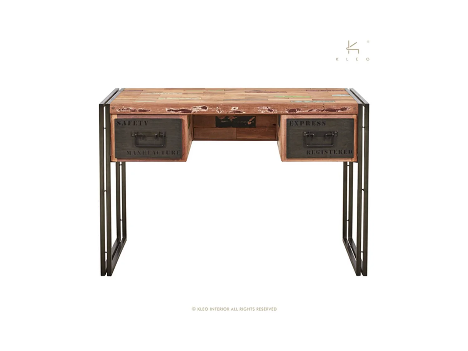 Nautical bureau en bois de bateau recyclé - 2 tiroirs - Style Industriel - L120 - H80