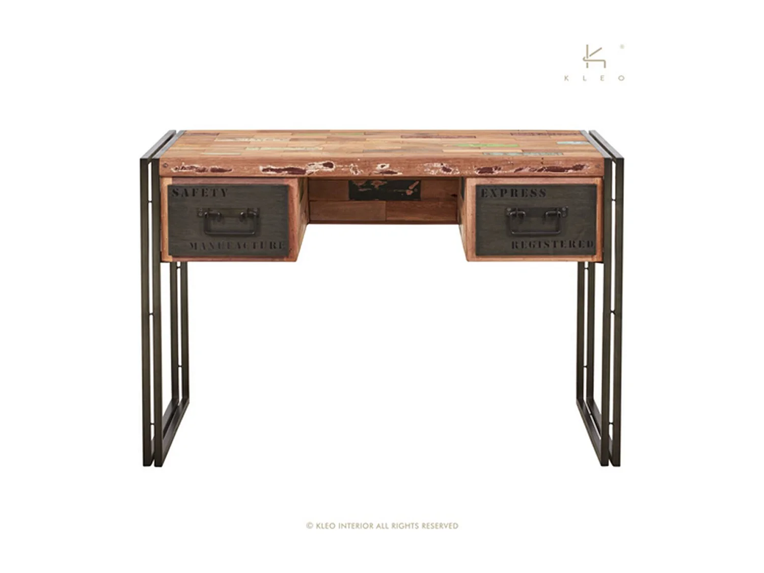 Nautical bureau en bois de bateau recyclé - 2 tiroirs - Style Industriel - L120 - H80