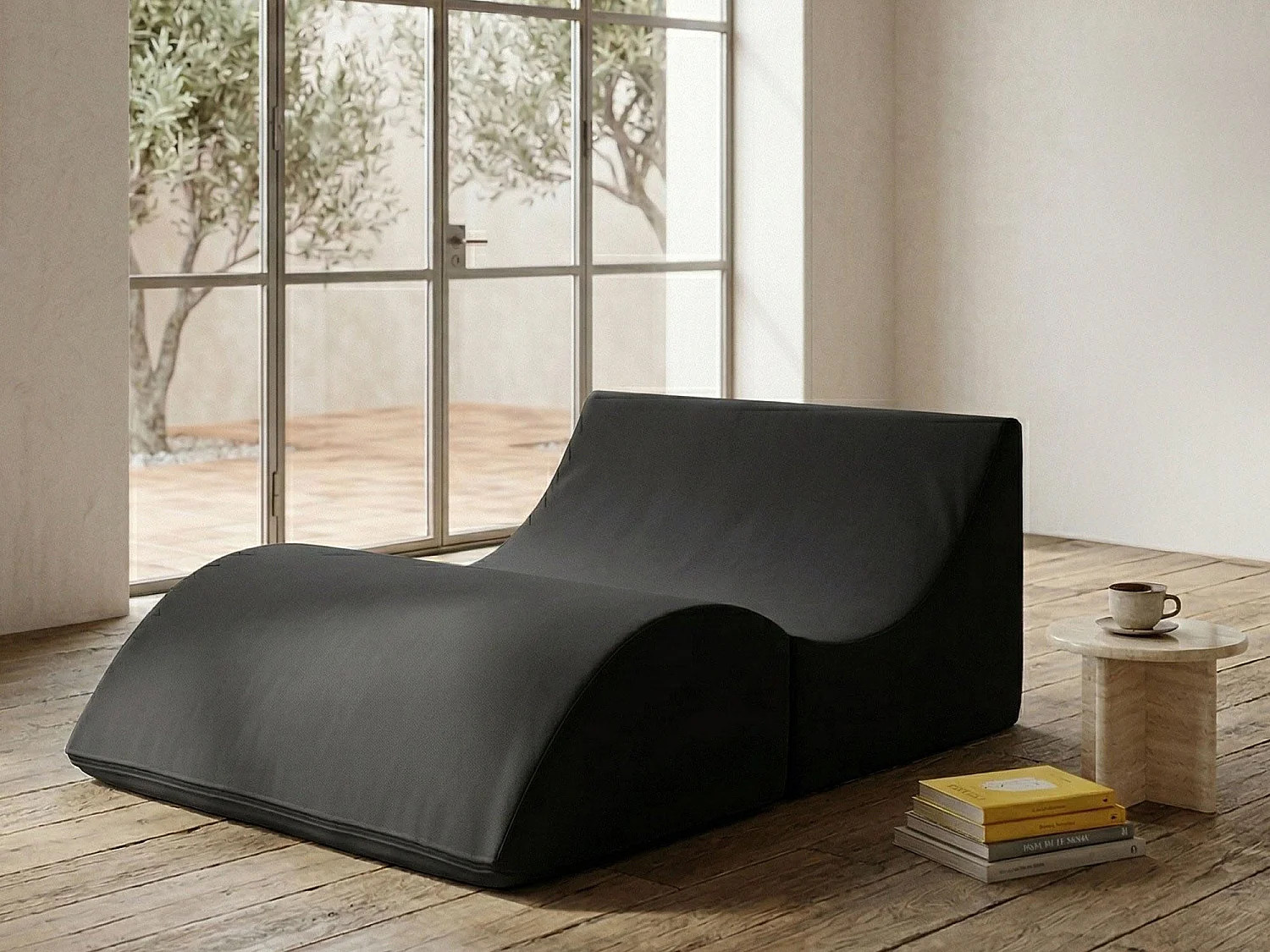 Dabbes opklapbed, Poef om te bouwen tot tweepersoonsbed, 100% Made in Italy, Poef om te bouwen tot chaise longue in eco-leer, 100x200h70 cm, Zwart