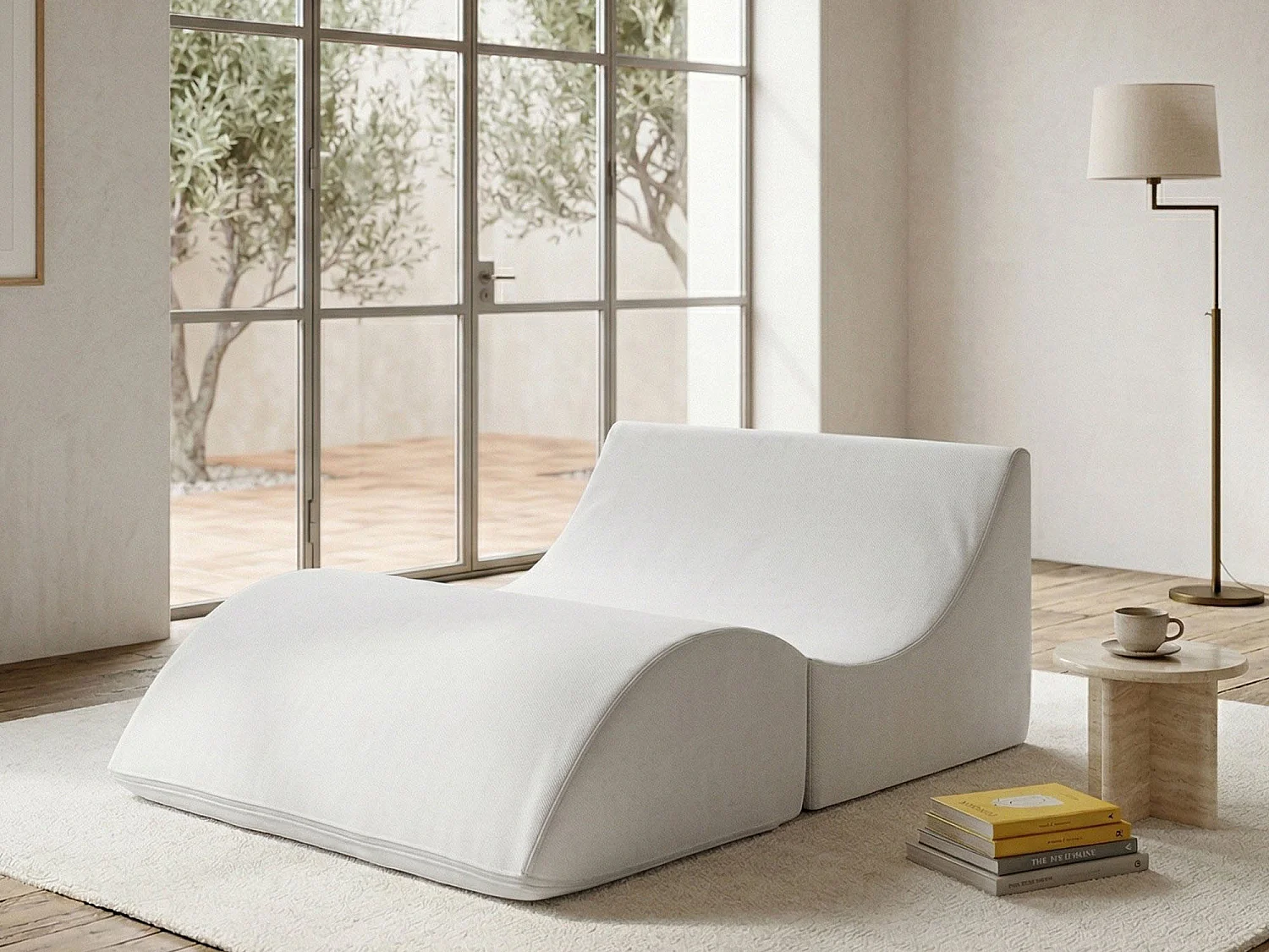 Dabbes opklapbed, Poef om te bouwen tot tweepersoonsbed, 100% Made in Italy, Poef om te bouwen tot chaise longue in eco-leer, 100x200h70 cm, Wit