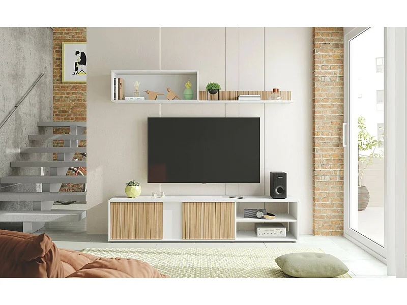 Unité murale Daasmundse, Meuble TV meuble de salon, Composition d'ensemble de salon, Ensemble de salon avec unité murale, 180x33h40 cm, Blanc et Chêne