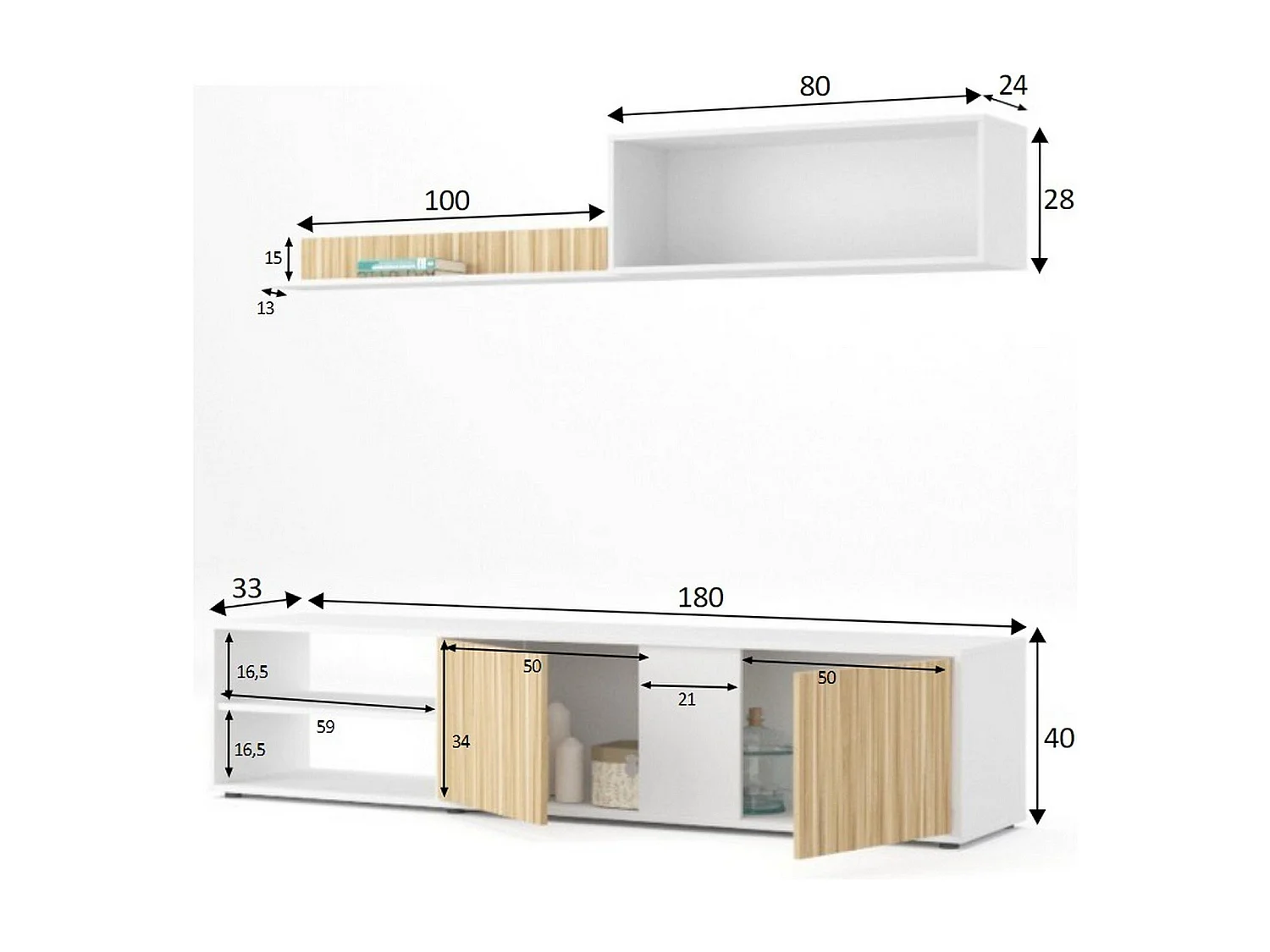 Parete Attrezzata Agrestino, 4 Ripiani, 33x180x40h cm Bianco