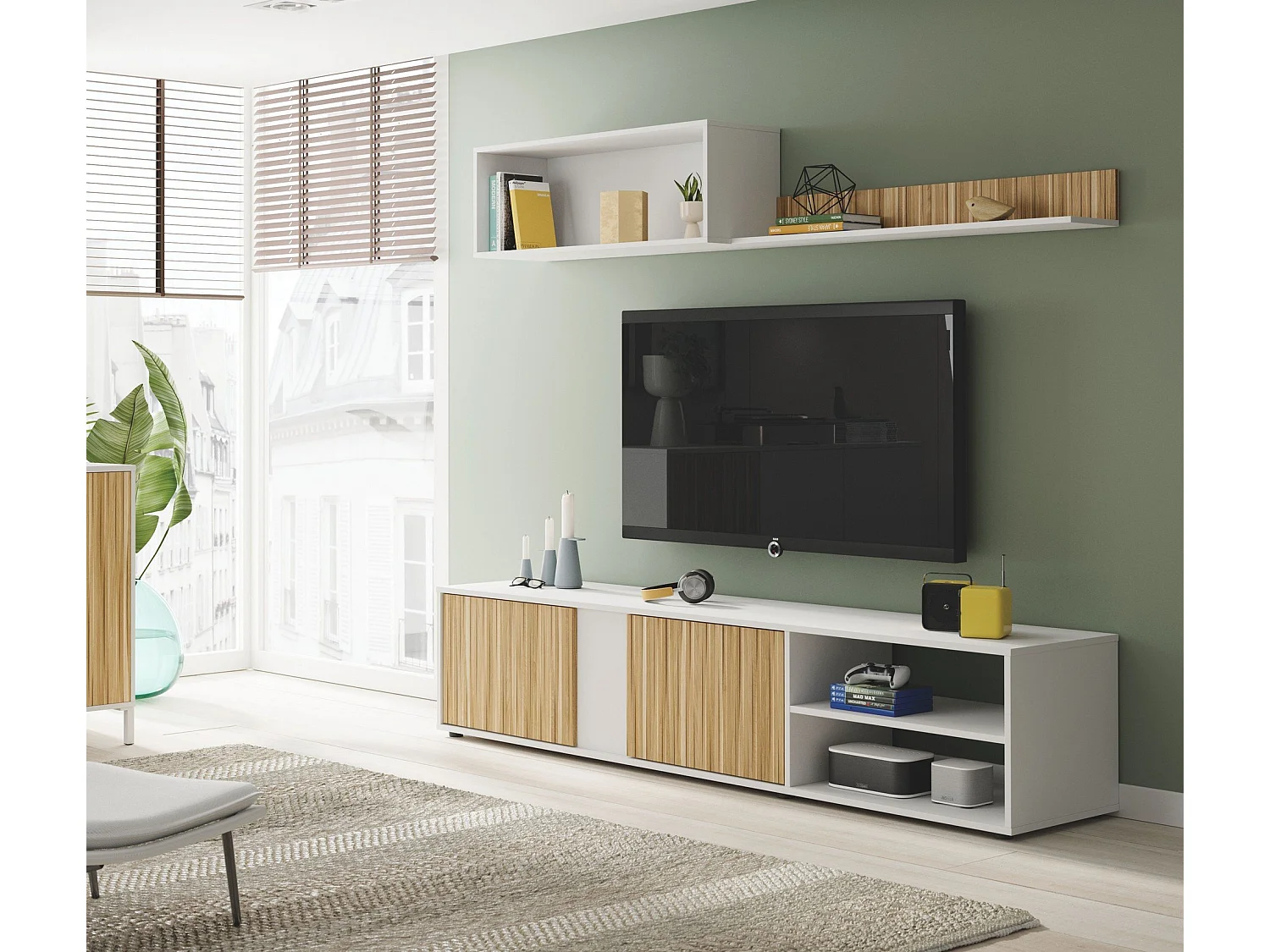 Daasmundse wandmeubel, TV-meubel woonkamermeubel, Samenstelling woonkamerset, Woonkamerset met wandmeubel, 180x33h40 cm, Wit en Eiken