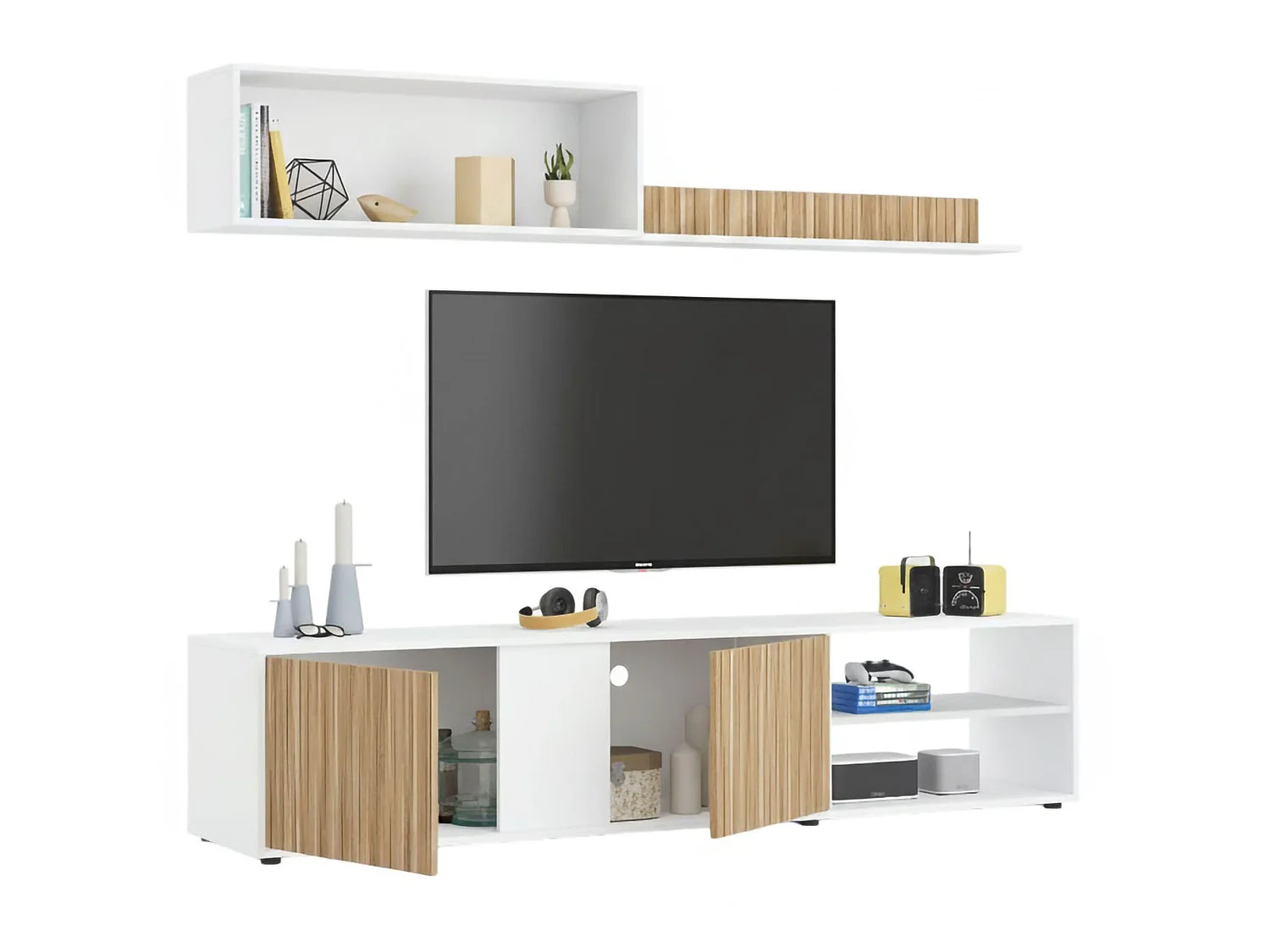 Unité murale Daasmundse, Meuble TV meuble de salon, Composition d'ensemble de salon, Ensemble de salon avec unité murale, 180x33h40 cm, Blanc et Chêne