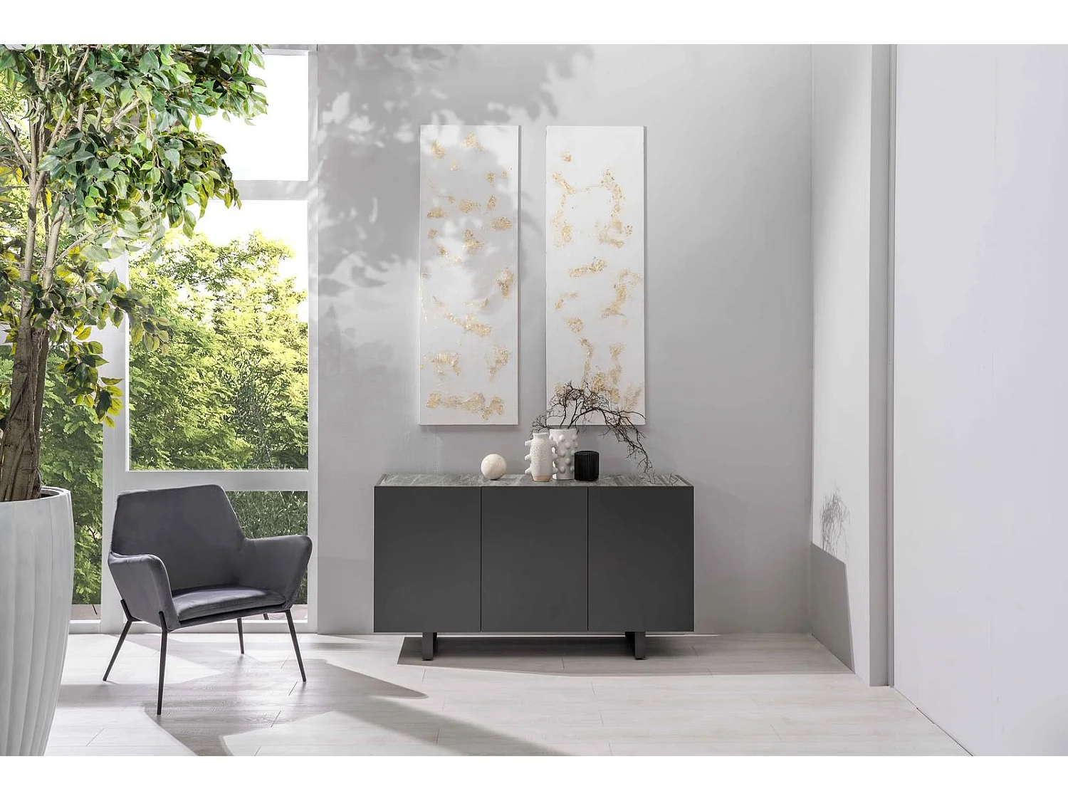 Pegaso – 3-türiges Sideboard (150 x 45 x H 85 cm) aus dunkelgrauer Keramik