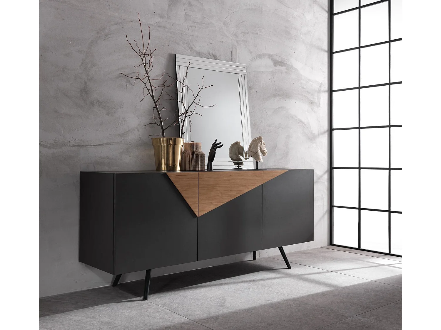 Ginger - 3-türiges Sideboard (180 x 80 H cm) aus dunkelgrauem Melamin