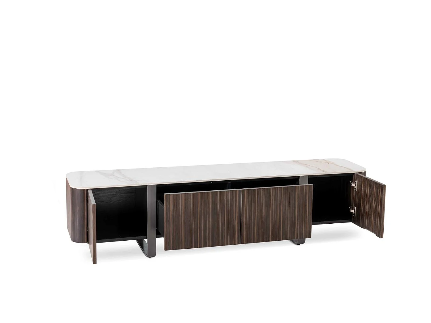 Stolik pod telewizor Andromeda z płyty MDF fornirowanej hebanem z ceramicznym blatem z marmuru Calacatta Gold, wymiary 180x40x45 cm – Neoclassical Design Stones