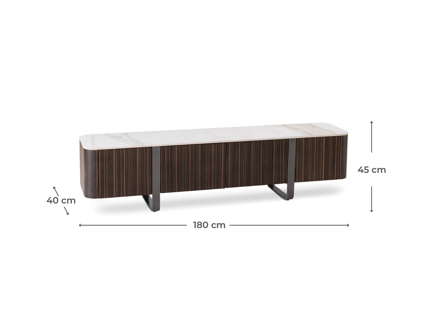 Stolik pod telewizor Andromeda z płyty MDF fornirowanej hebanem z ceramicznym blatem z marmuru Calacatta Gold, wymiary 180x40x45 cm – Neoclassical Design Stones