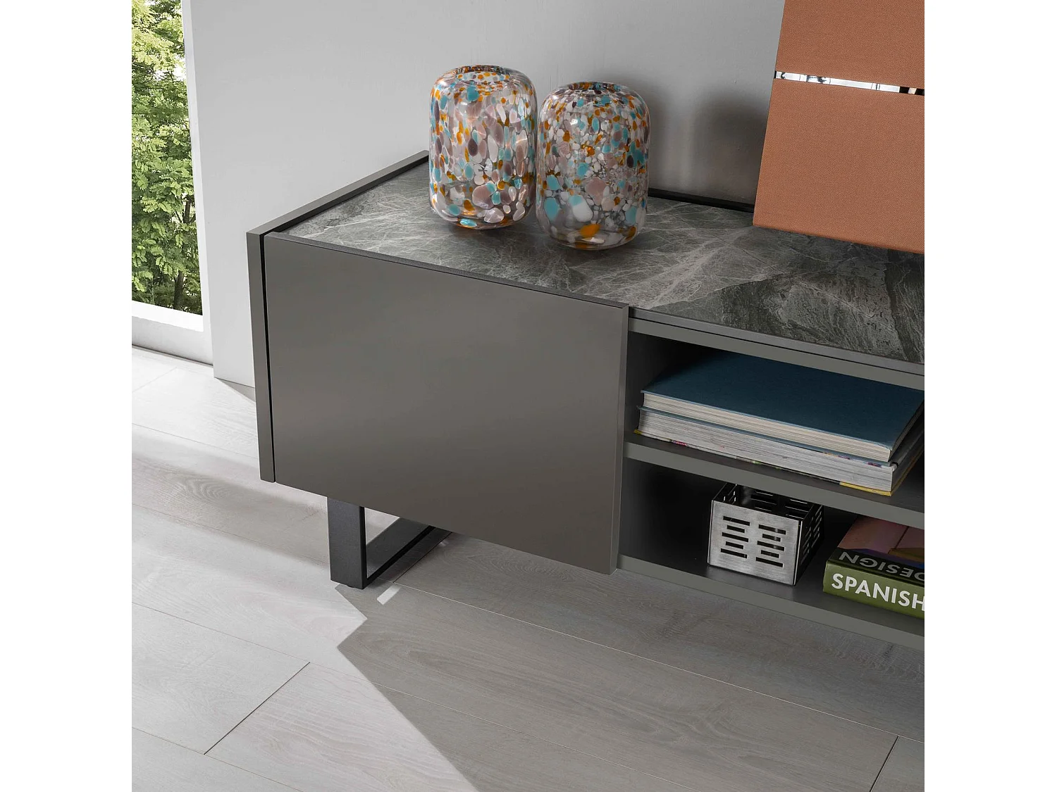 Pegaso Meuble TV (140 x 40 x H 45 cm) en céramique gris foncé
