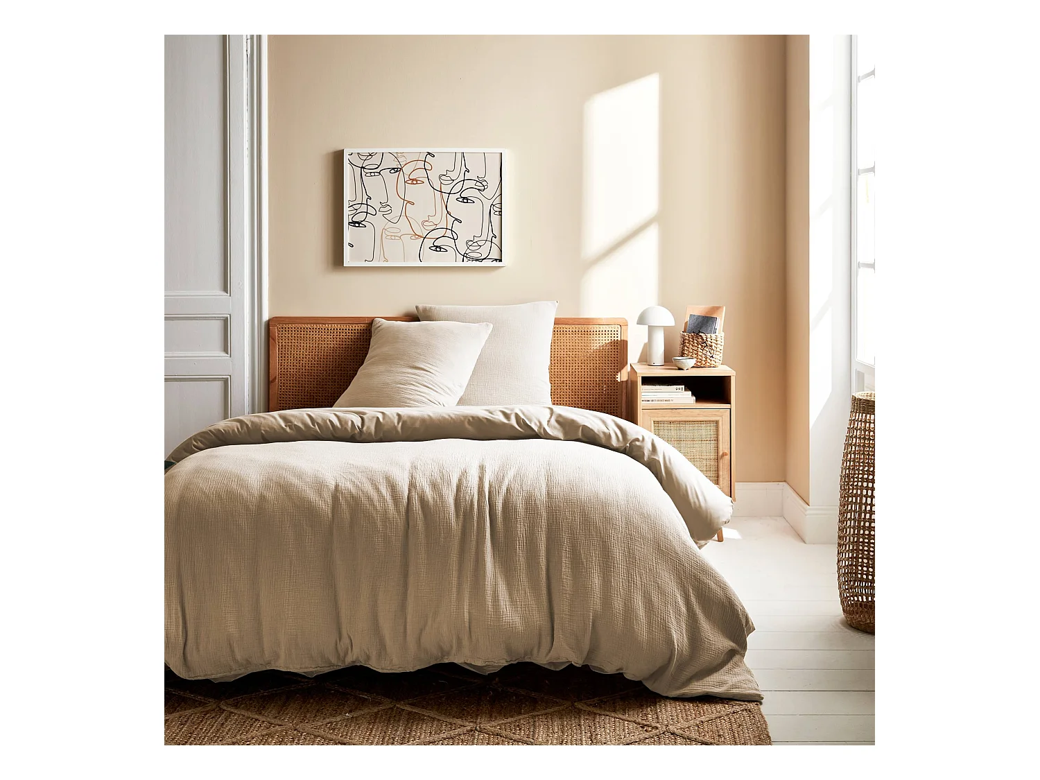 Parure de lit gaze de coton beige 1 housse de couette avec taie d'oreiller 240 x 220cm