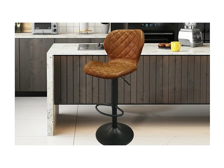 Tabouret de bar MABEL – PU cognac – Hauteur réglable 90-111 cm – Pieds en métal – Style vintage