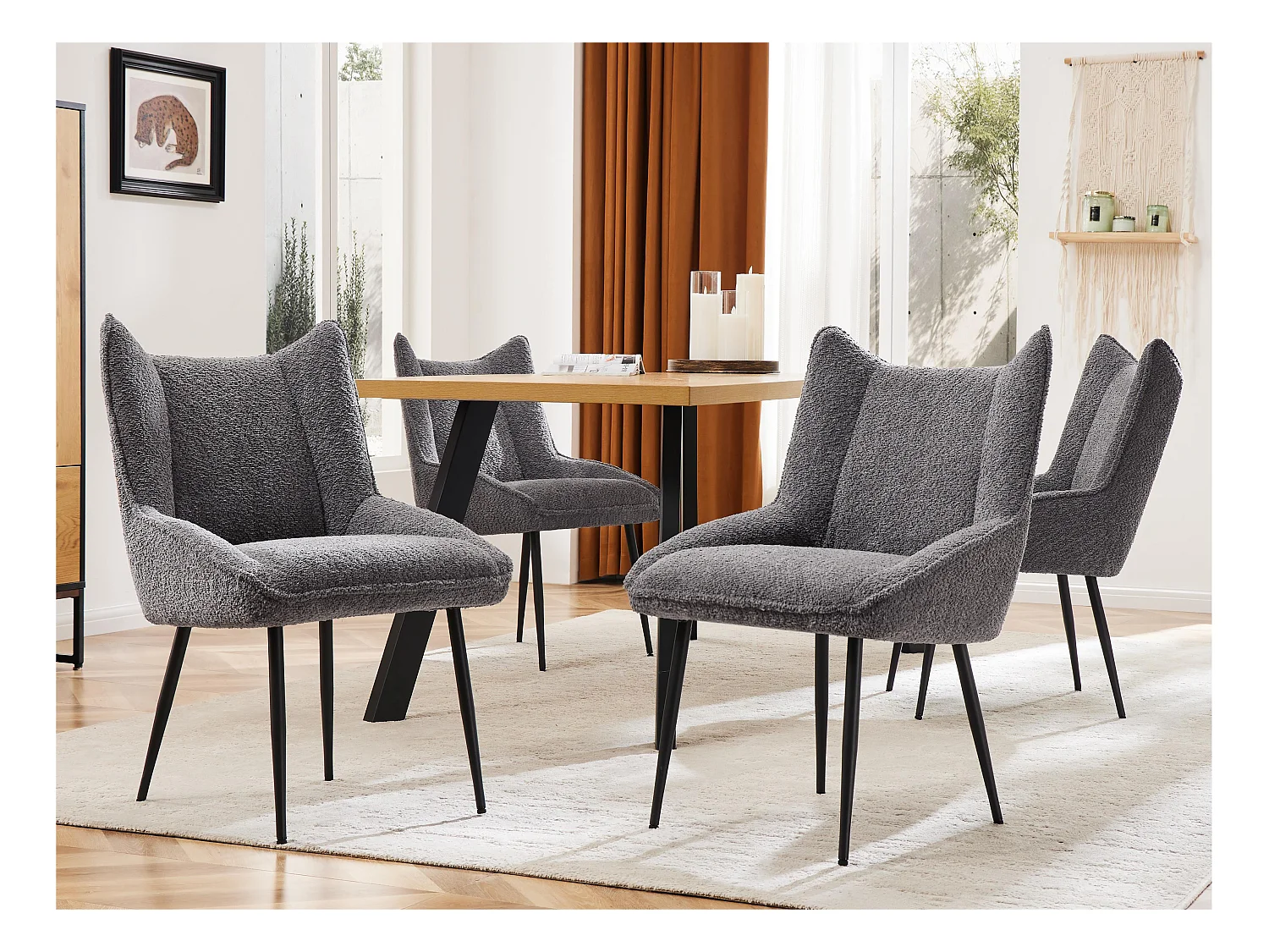 Lot de 4 Chaises avec coussin de siège épais - tissu en peluche tiddy - Gris