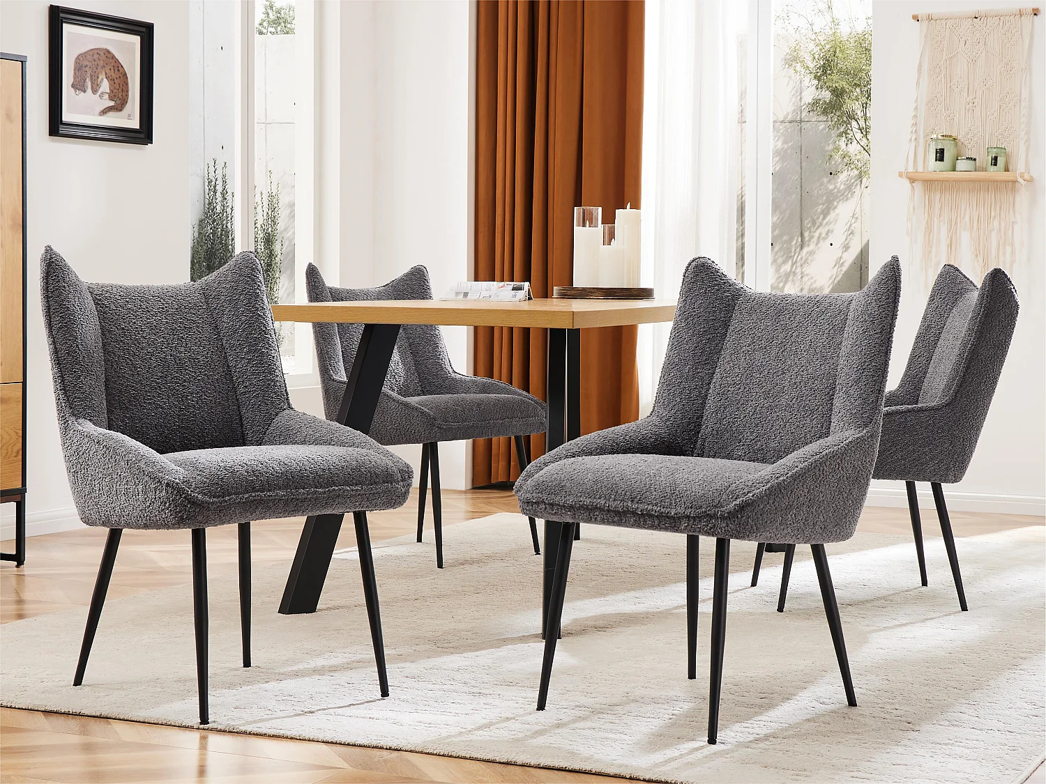 Lot de 4 Chaises avec coussin de siège épais - tissu en peluche tiddy - Gris