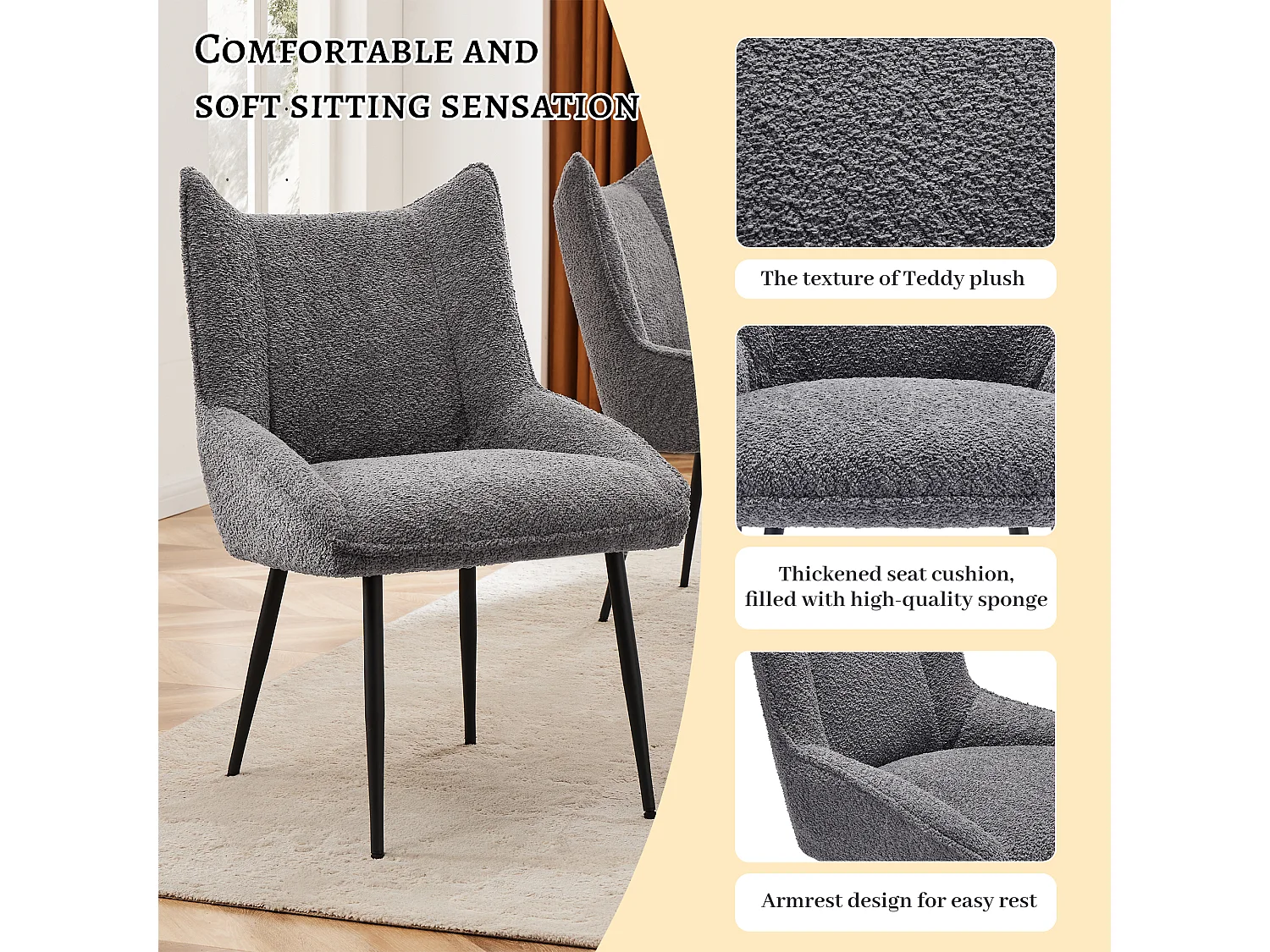 Lot de 4 Chaises avec coussin de siège épais - tissu en peluche tiddy - Gris