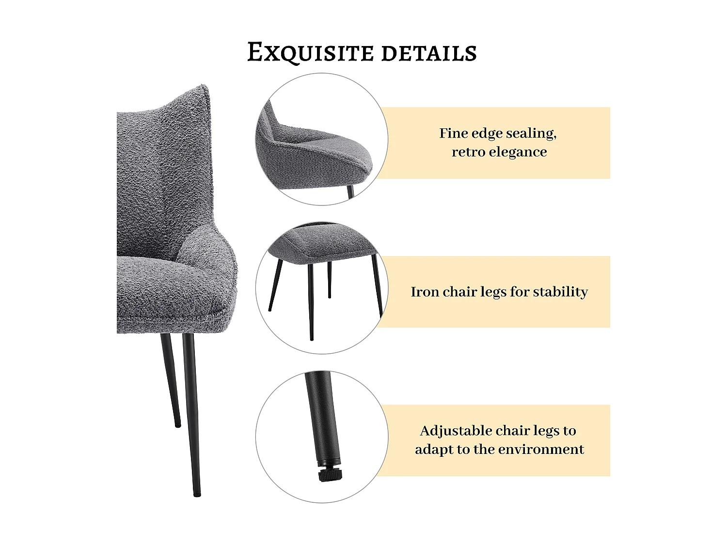 Lot de 4 Chaises avec coussin de siège épais - tissu en peluche tiddy - Gris