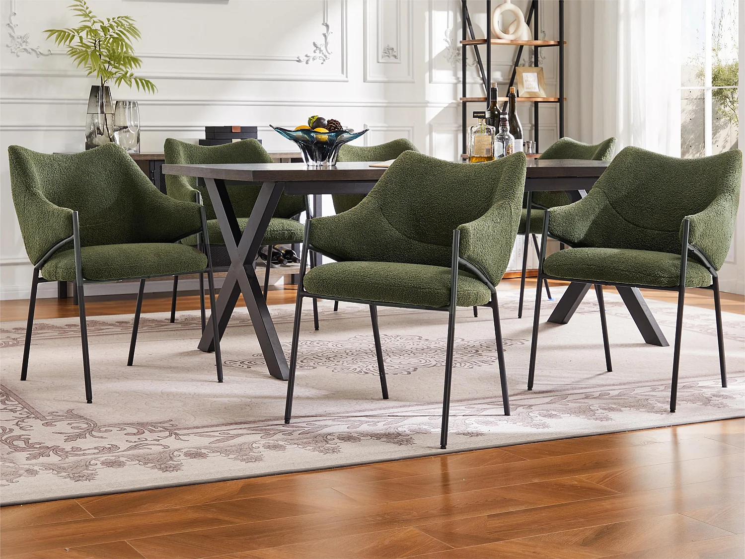 Lot de 6 Chaises de salle à manger avec accoudoirs - tissu en sherpa - style moderne - Vert