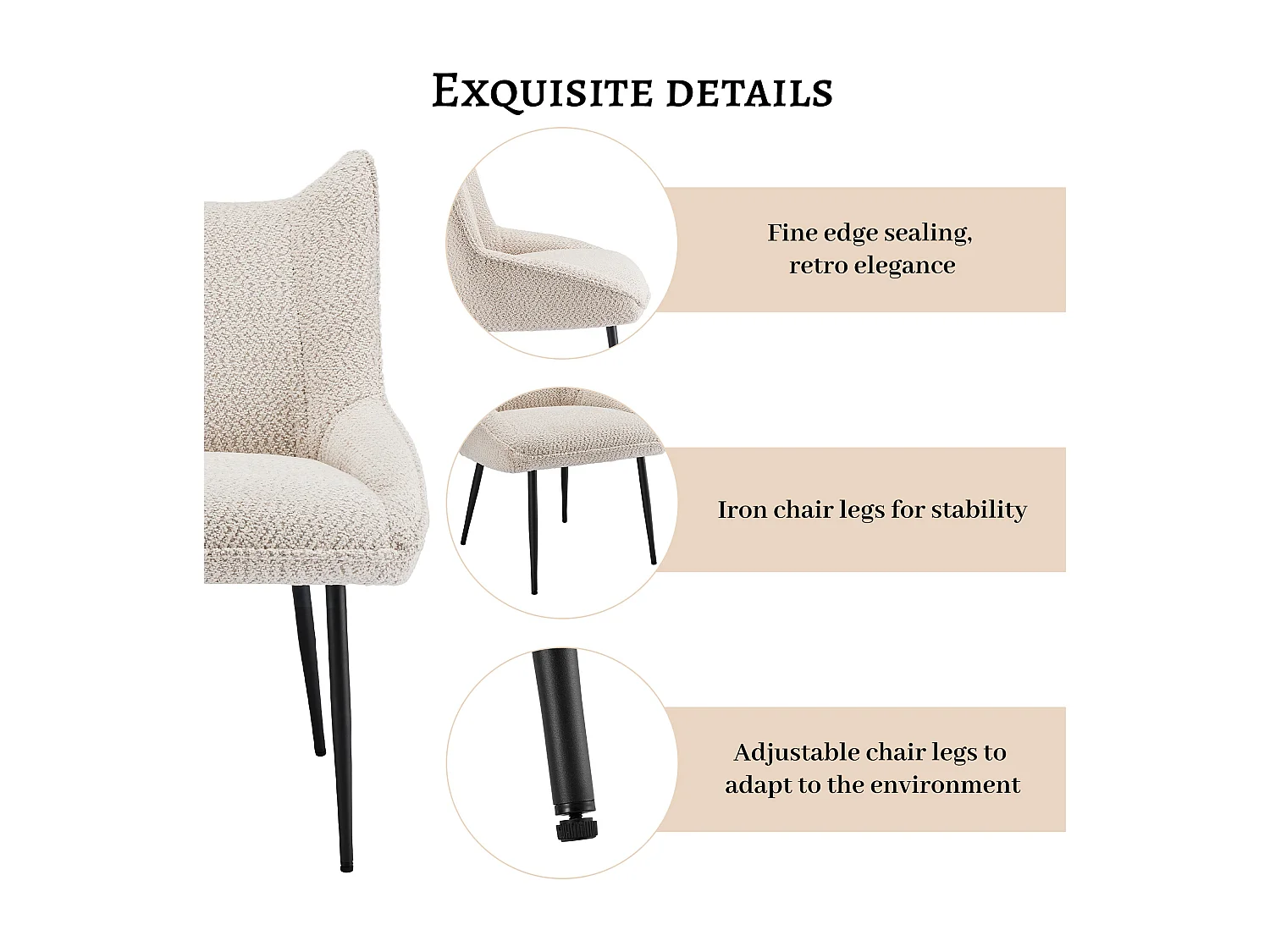 Lot de 6 Chaises avec coussin de siège épais - tissu en peluche tiddy - Beige