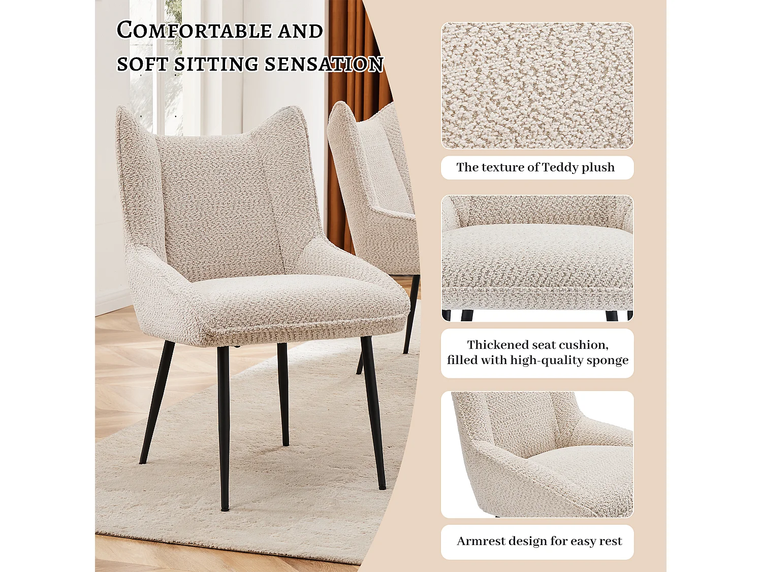 Lot de 4 Chaises avec coussin de siège épais - tissu en peluche tiddy - Beige