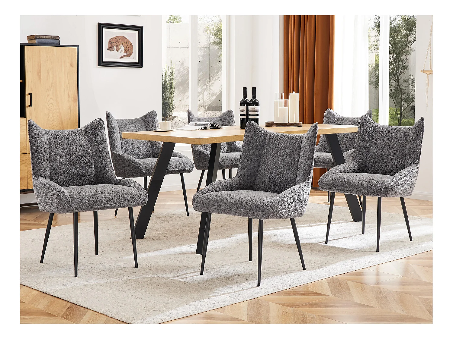 Lot de 6 Chaises avec coussin de siège épais - tissu en peluche tiddy - Gris