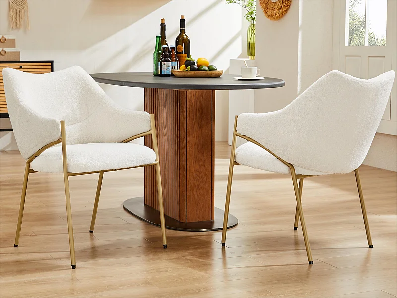 Lot de 2 Chaises de salle à manger avec accoudoirs - tissu en sherpa - style moderne - Beige