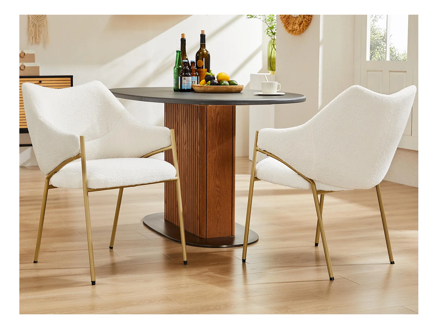 Lot de 2 Chaises de salle à manger avec accoudoirs - tissu en sherpa - style moderne - Beige