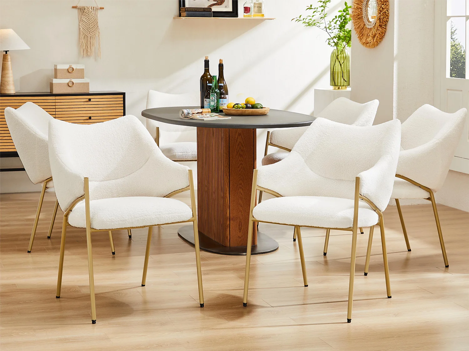 Lot de 6 Chaises de salle à manger avec accoudoirs - tissu en sherpa - style moderne - Beige