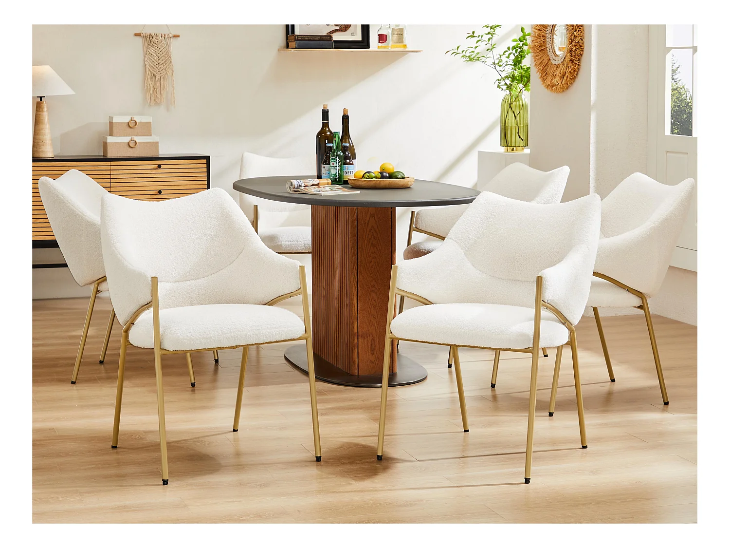 Lot de 6 Chaises de salle à manger avec accoudoirs - tissu en sherpa - style moderne - Beige
