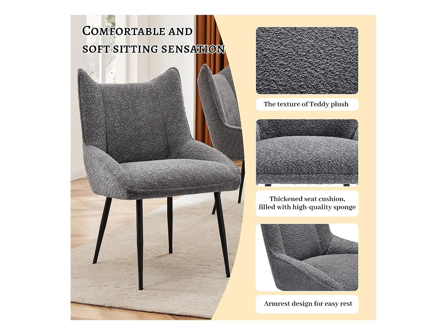 Lot de 2 Chaises avec coussin de siège épais - tissu en peluche tiddy - Gris