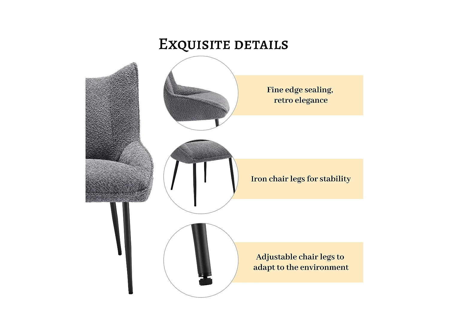 Lot de 2 Chaises avec coussin de siège épais - tissu en peluche tiddy - Gris