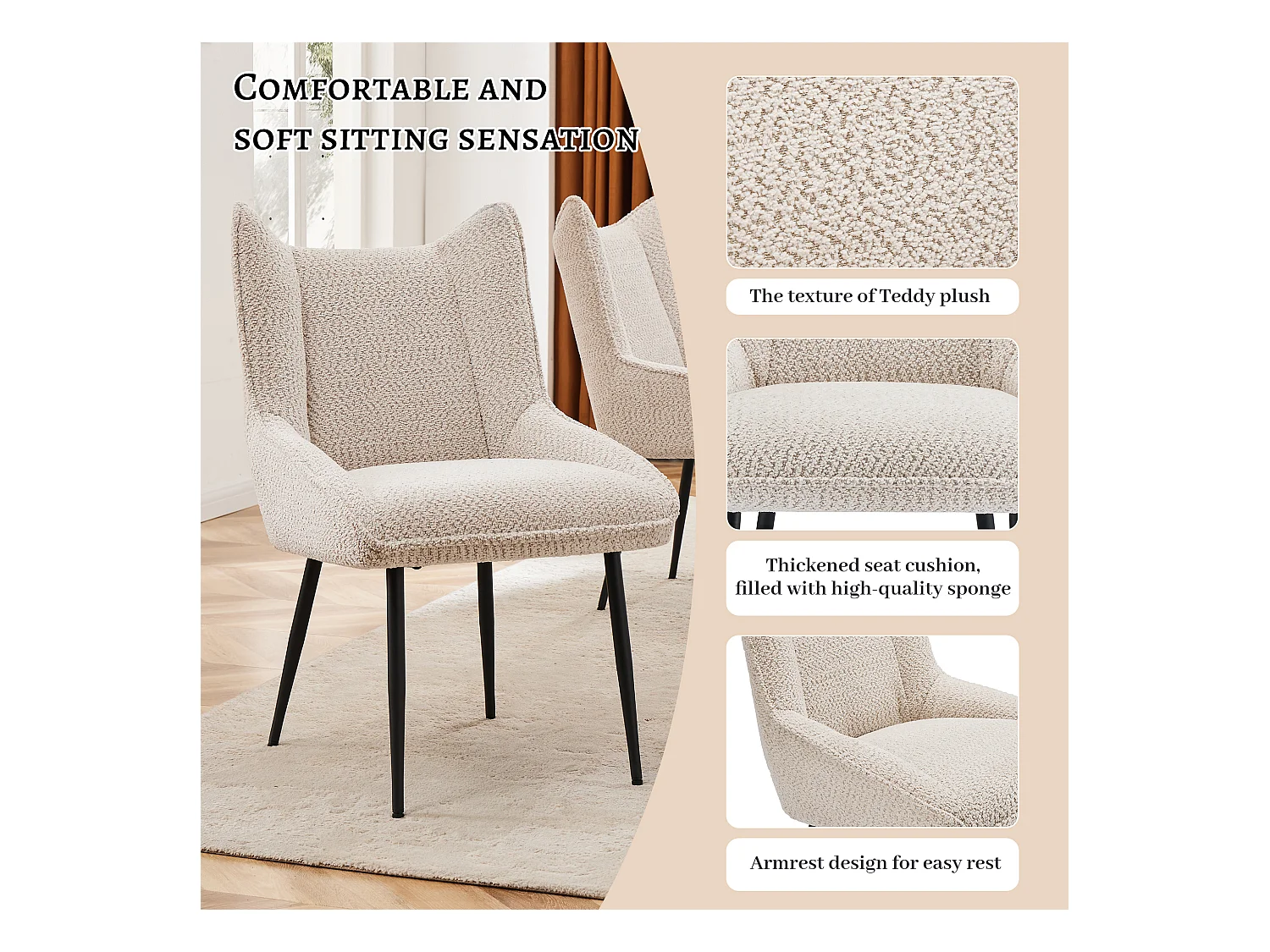 Set van 2 stoelen met dik zitkussen - nette pluche stof - Beige