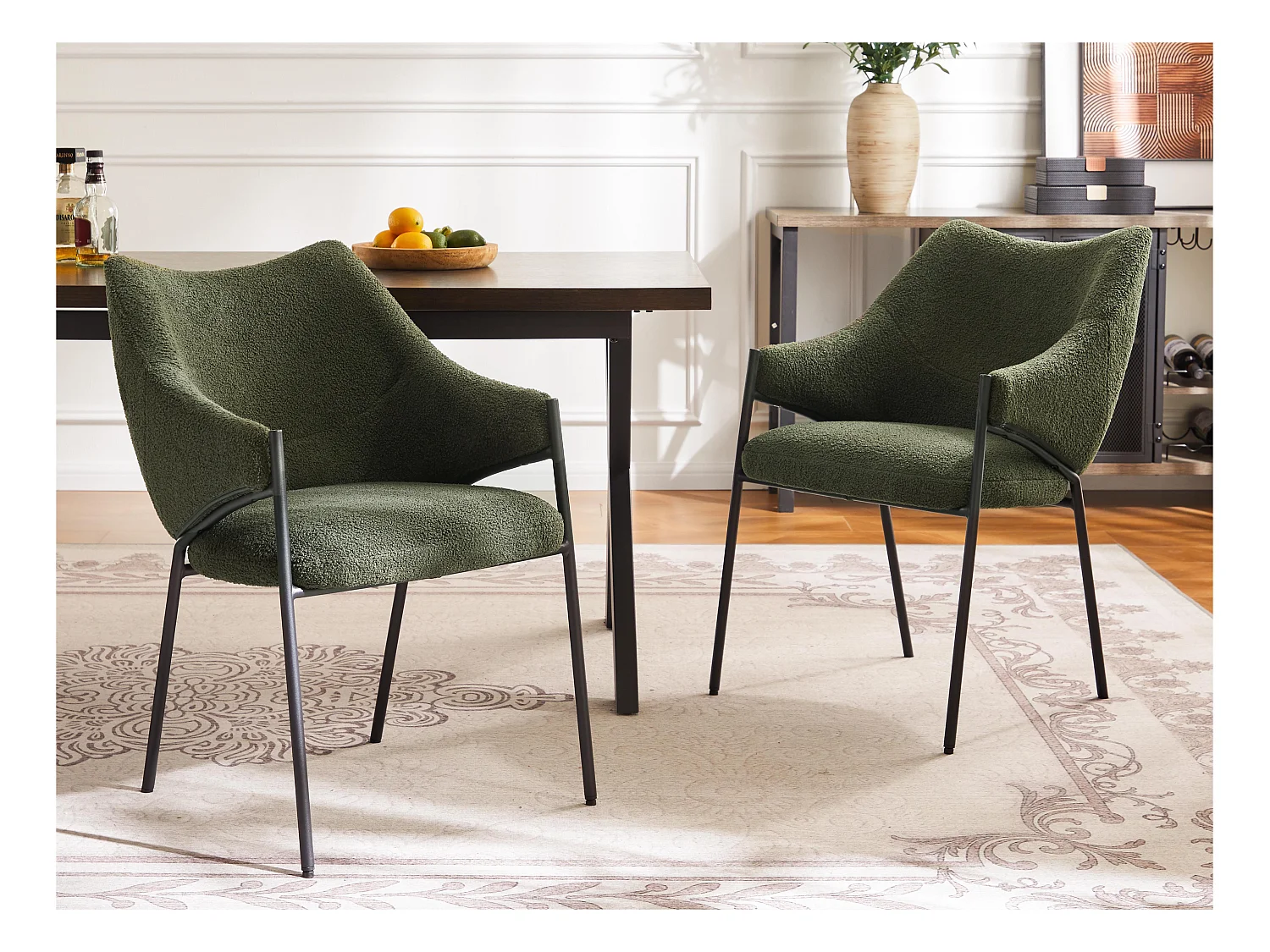 Lot de 2 Chaises de salle à manger avec accoudoirs - tissu en sherpa - style moderne - Vert