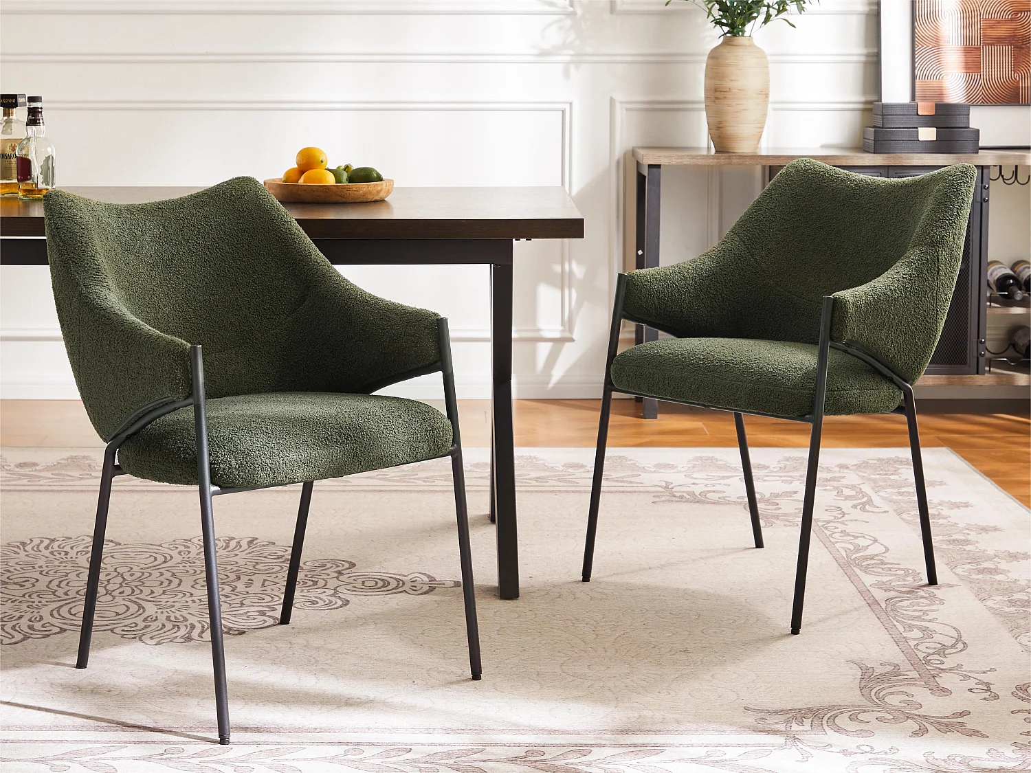 Juego de 2 sillas de comedor con reposabrazos - tejido sherpa - estilo moderno - Verde