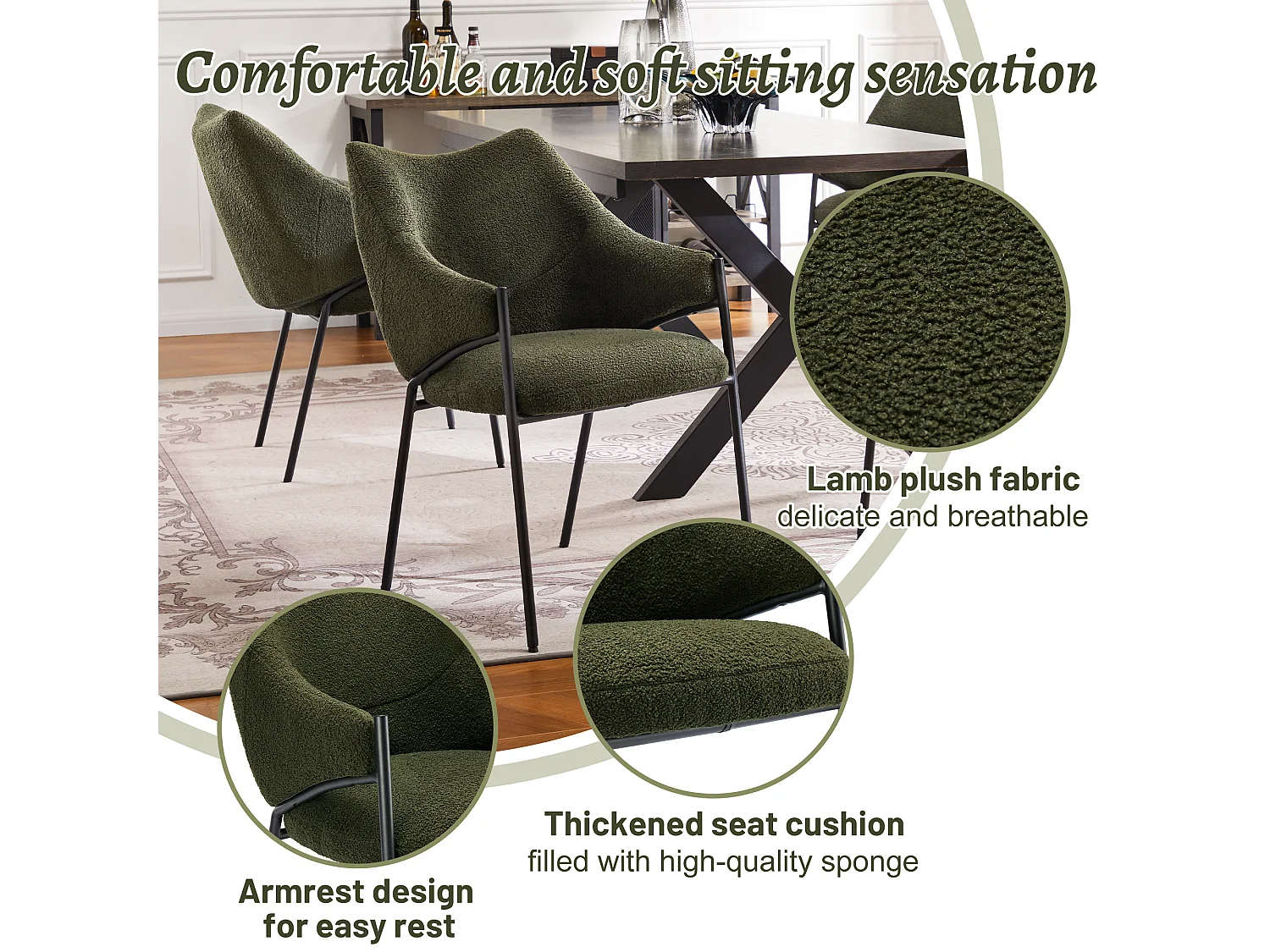 Juego de 2 sillas de comedor con reposabrazos - tejido sherpa - estilo moderno - Verde