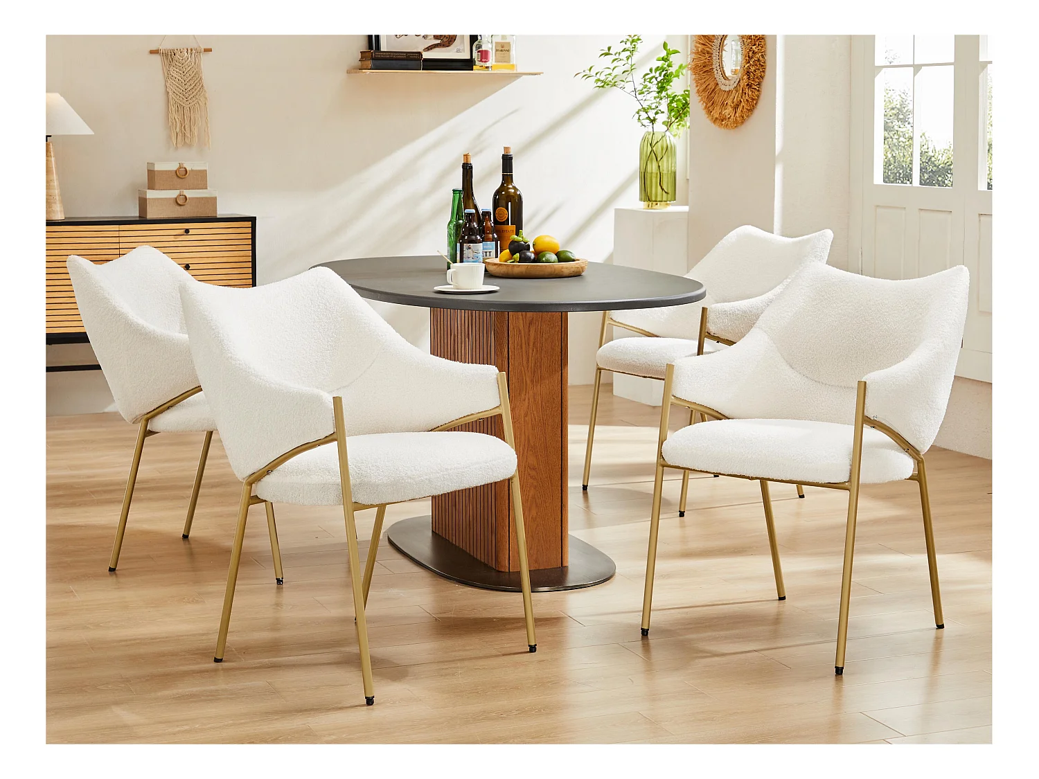Lot de 4 Chaises de salle à manger avec accoudoirs - tissu en sherpa - style moderne - Beige
