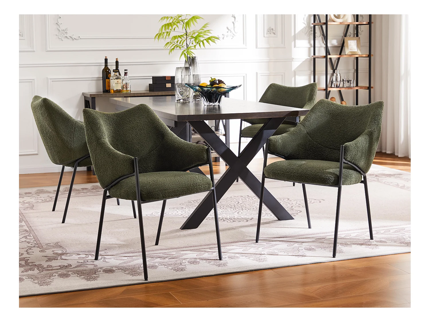 Lot de 4 Chaises de salle à manger avec accoudoirs - tissu en sherpa - style moderne - Vert