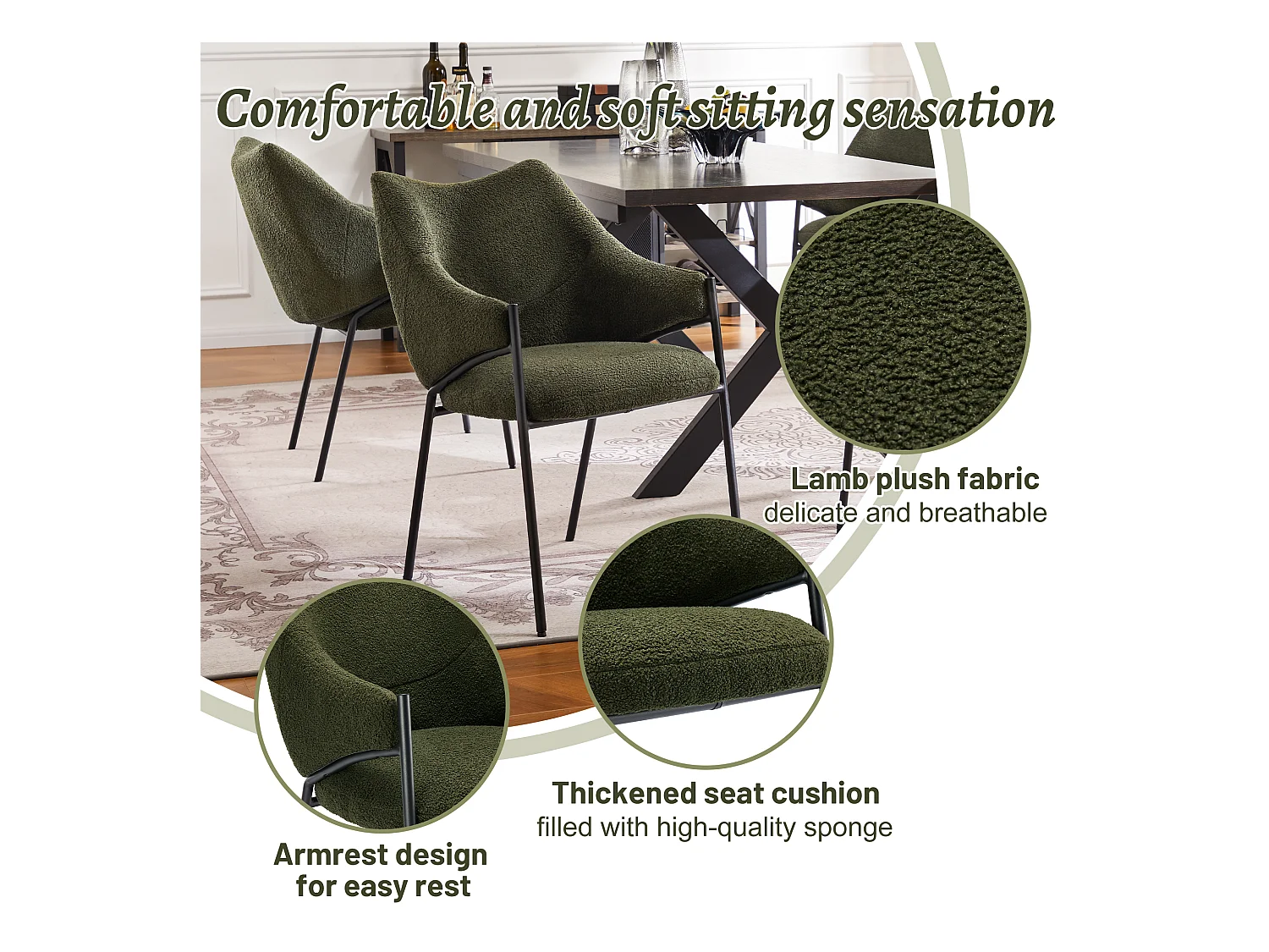 Lot de 4 Chaises de salle à manger avec accoudoirs - tissu en sherpa - style moderne - Vert